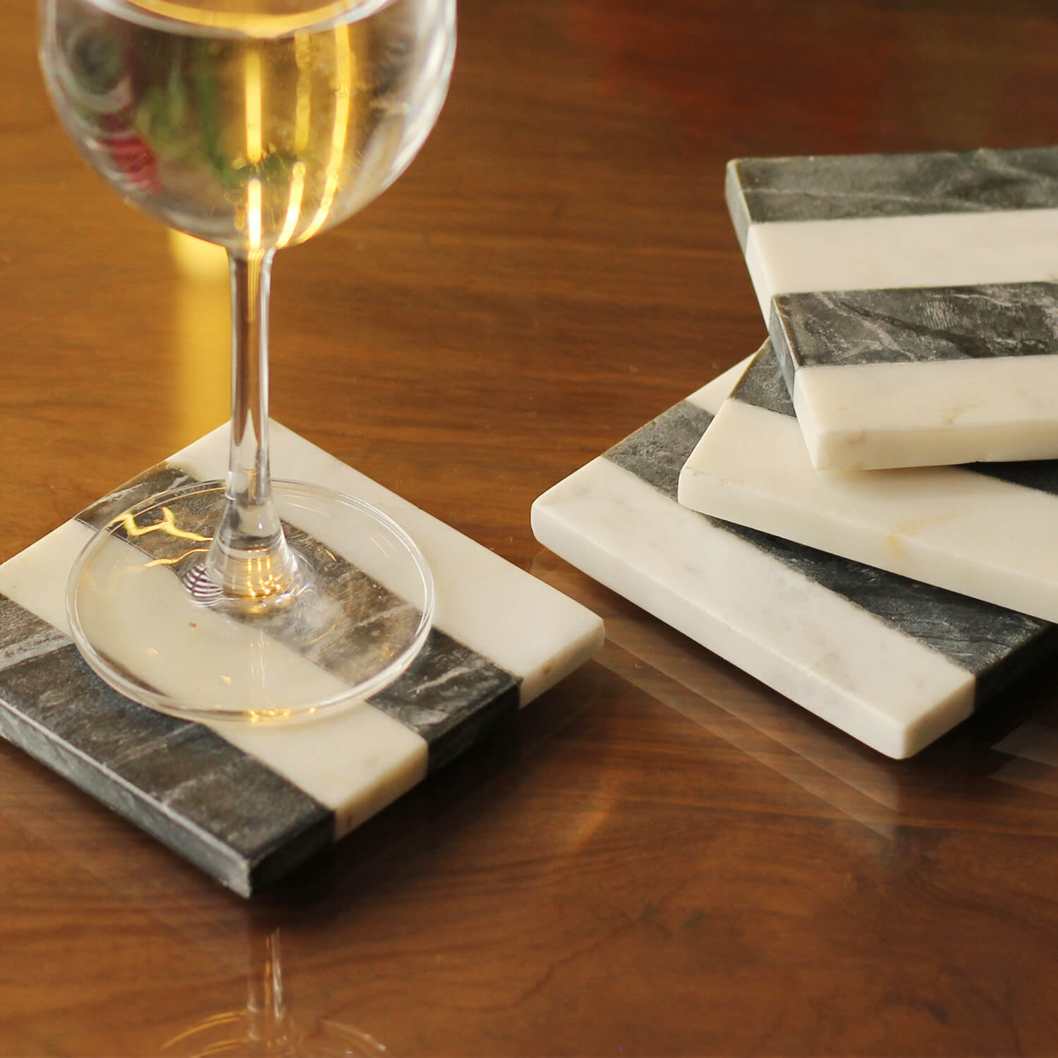 ArtistryBazaar Handmade Set of 4 Square Beverage Coasters – 4" Alternating Black & White Stripes Marble Drink Coasters - Heavy Duty Bar / Dining / Table Top / Coffee Table Accessories & Kitchen Essentials